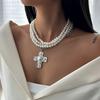 DIEZI Multilayer Vintage Imitation Pearl Cross Pendant Necklace For Women Punk Statement Chokers Clavicle Chain Necklace Jewelry