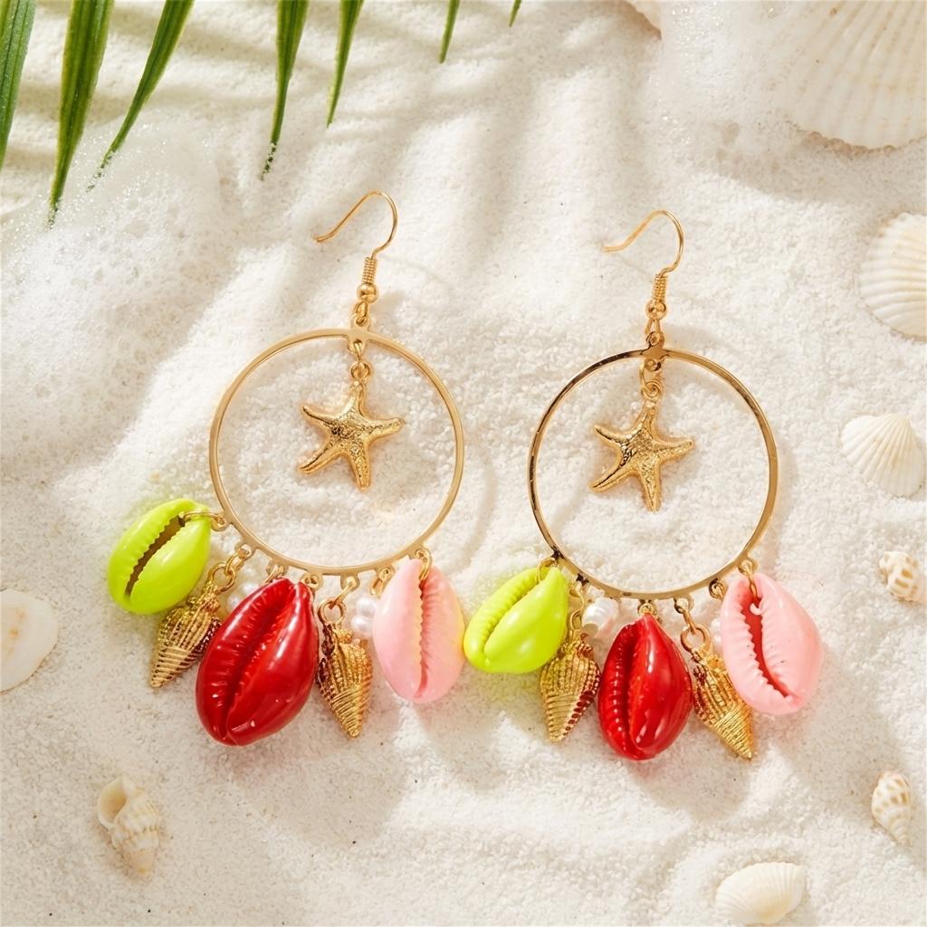 Colorful Ocean Charm Hoop Earrings for Women Tropical Starfish Dangle Dopamine Statement Beach Party Vacation Jewelry