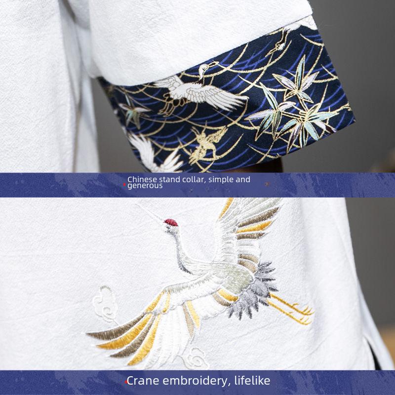 Men's Summer V-Neck Cotton Linen T-Shirt with Crane Embroidery