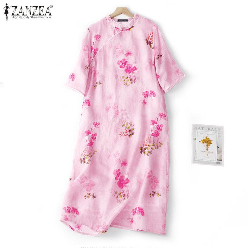 

ZANZEA Женское летнее повседневное платье с воротником-стойкой и коротким рукавом с цветочным принтом
