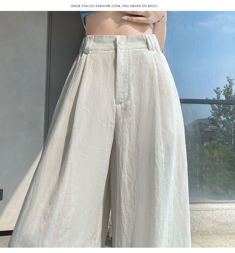 Women's Tencel Linen Wide-Leg Pants - Summer Ice Silk Cotton Blend, High Waist, Slimming, Floor Length, Loose Fit.
