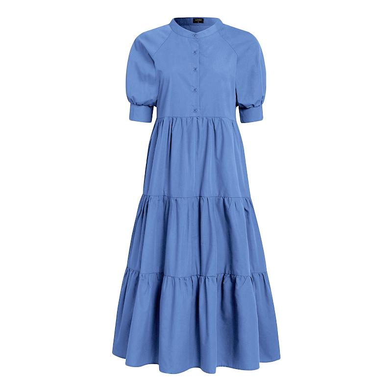 VONDA Summer Women's Ruffled Long Dress Puff Short Sleeve Button Down Solid Color Casual Loose Maxi Dresses Plus Size