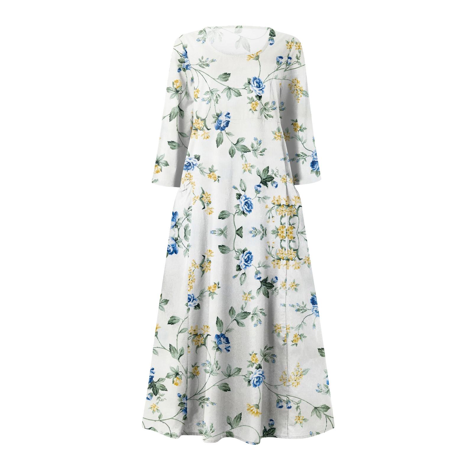 Женское модное повседневное свободное карманное платье с круглым вырезом и рукавами 3/4 — фото 5