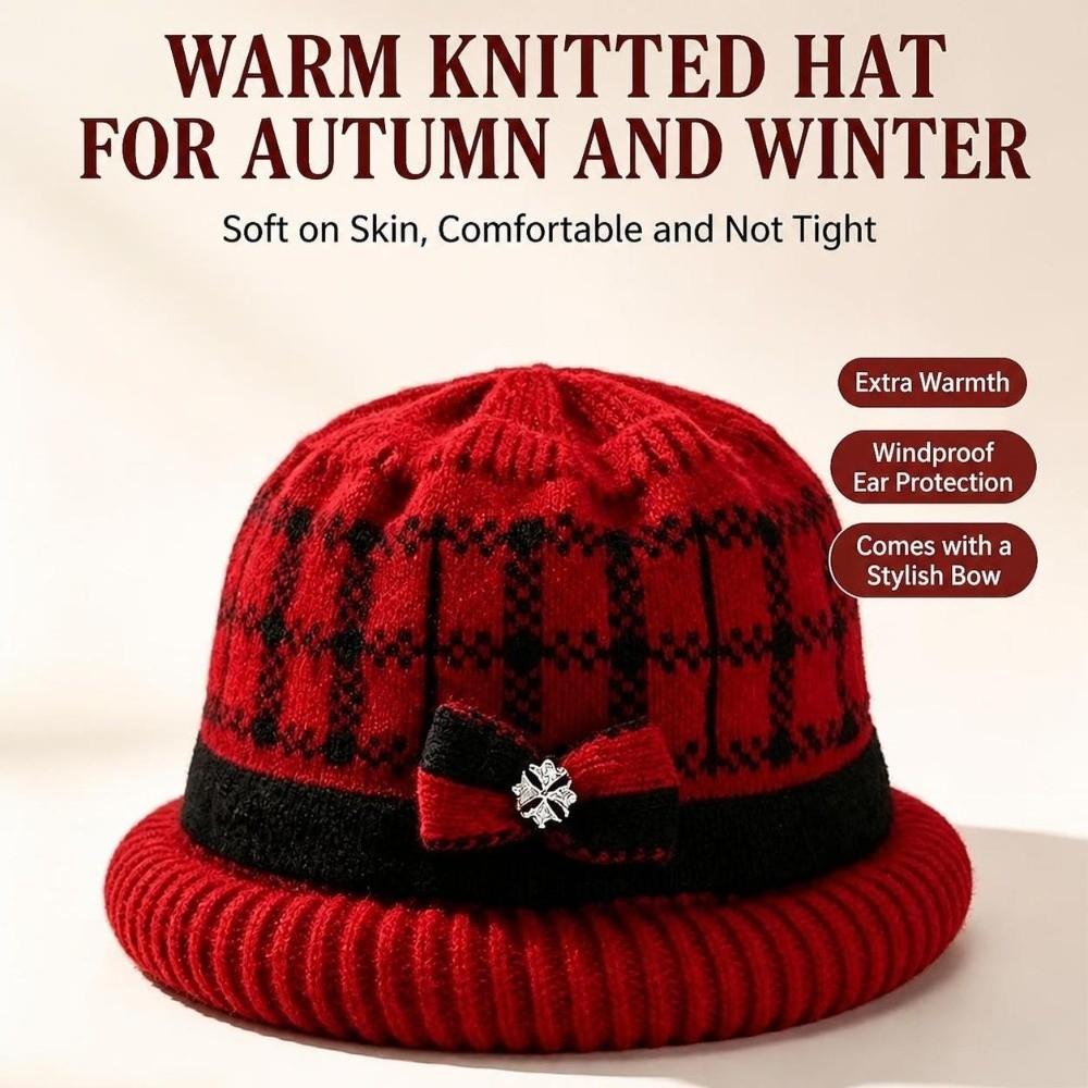 Thickened Knitted Woolen Hat Cold-proof Ear Protection Hat Fashion Dome Bow Bucket Cap Winter