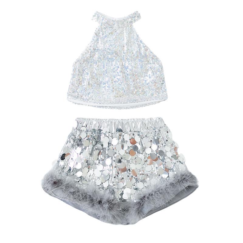 Hip Hop Girls Shiny Silver Crop Top Street Dance Sequin Shorts Kid K-pop Jazz Clothes Set Children Girl Group Streetwear Costume