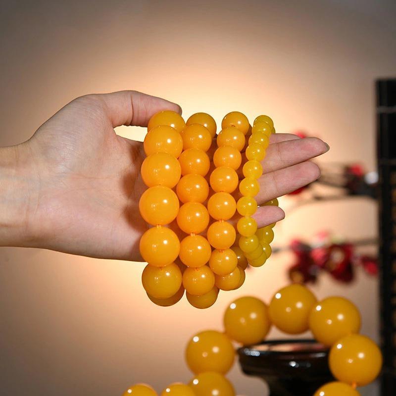 Ethnic Style Amber-Look Buddhist Beads Bracelet - Unisex Chicken Fat Yellow Strand