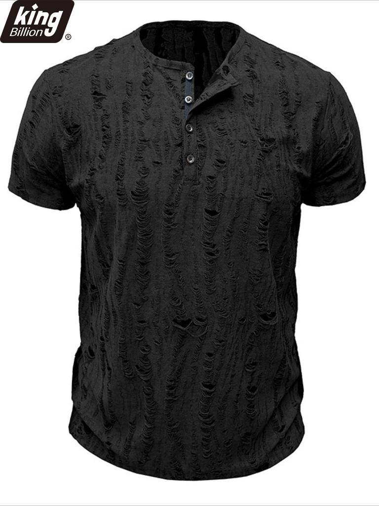 Men's Short-sleeved T-shirt Broken Holes Retro Men's Fashion Henley Shirt Men's Casual Fashion Tops Slim Fit