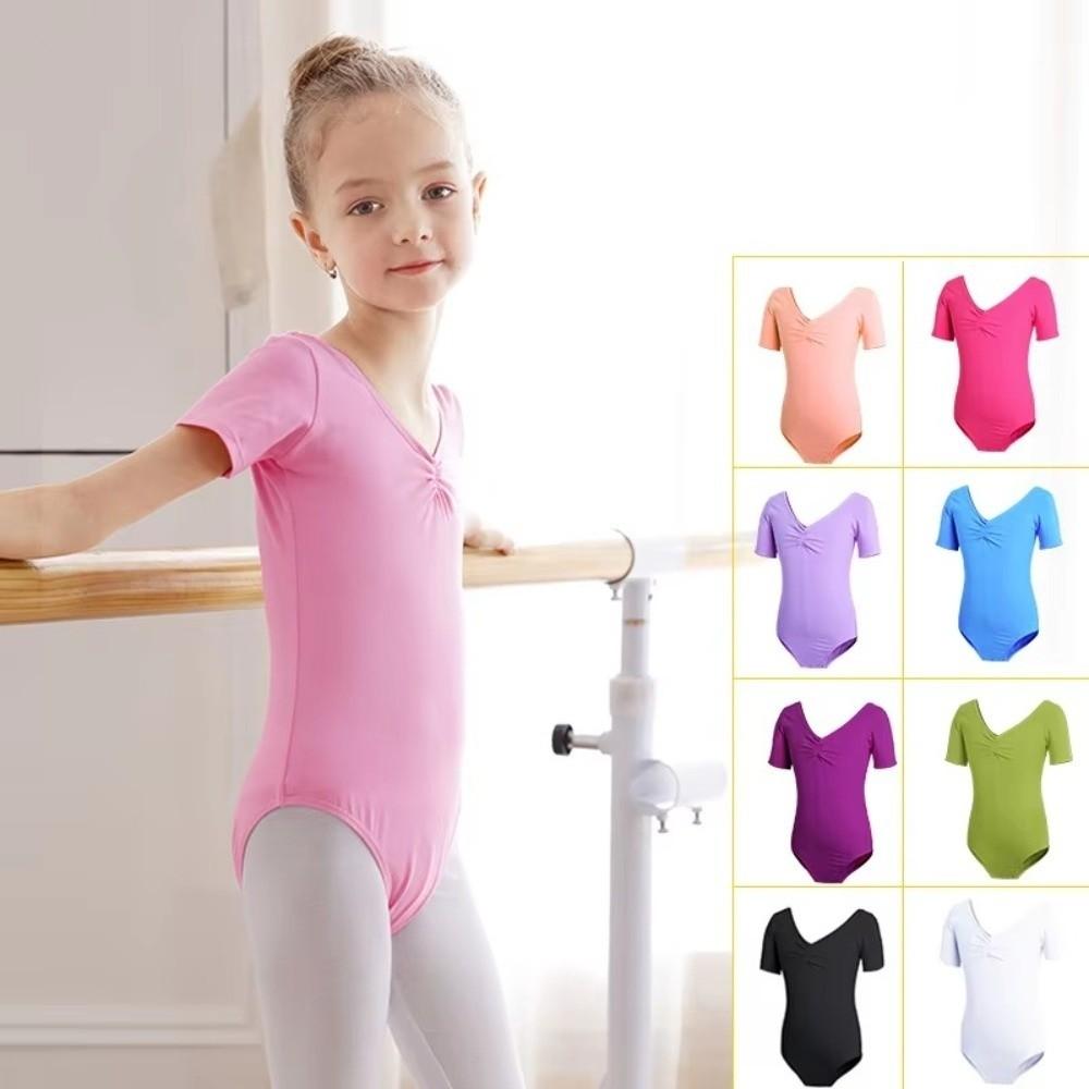 Short Sleeve Gymnastics Costume Elastic Ballet Dress Dance Wear Dance Bodysuit  for Toddler Kids