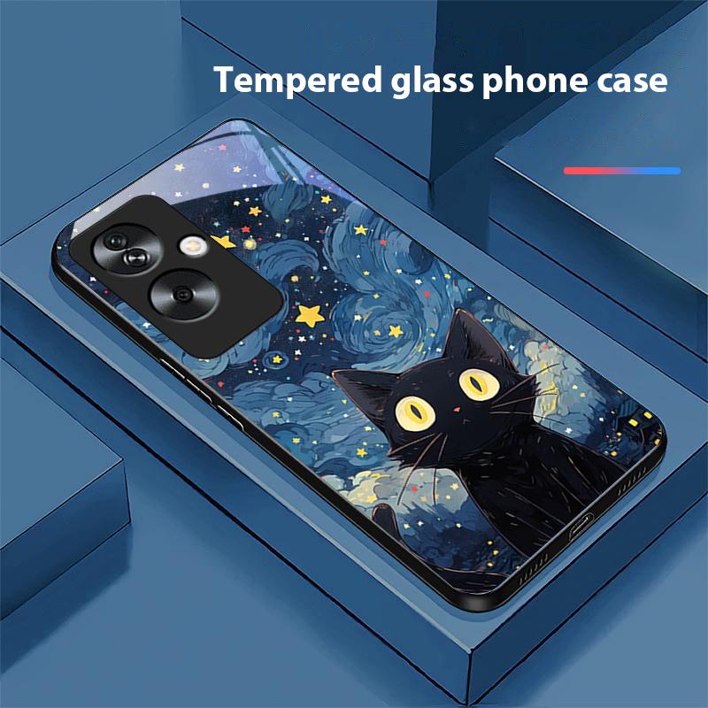 

Милый маленький черный кот для Oppo A79 5G 58 78 74 60 4G Reno 11F Realme GT 6 11 Note 50 10 C55 X2 Закаленное стекло Черный чехол для телефона For Reno 11 Pro 5G
