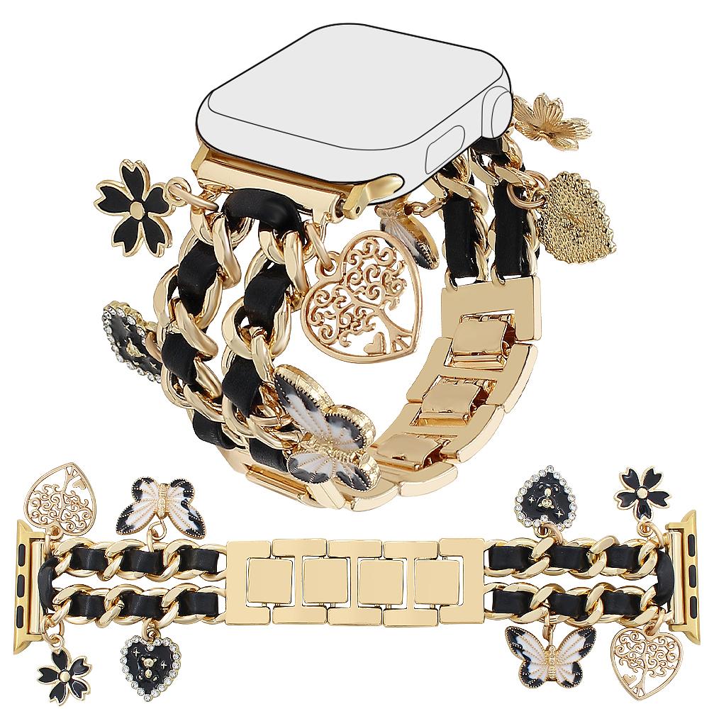 Watch Strap for Apple Watch Series 10 Ultra 9 8 7 SE 6 5 4 3 2 1 46mm 49mm 45mm 44mm 42mm Alloy+Leather Band with Butterfly and Flower Pendant