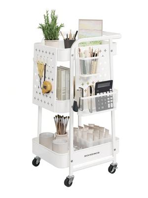 SONGMICS 3-stöckiger Aufbewahrungswagen, Rollbarer Servierwagen, Metallgitter-Regale, 2 abnehmbare Lochplatten, 2 Hängehalter, 4 Haken