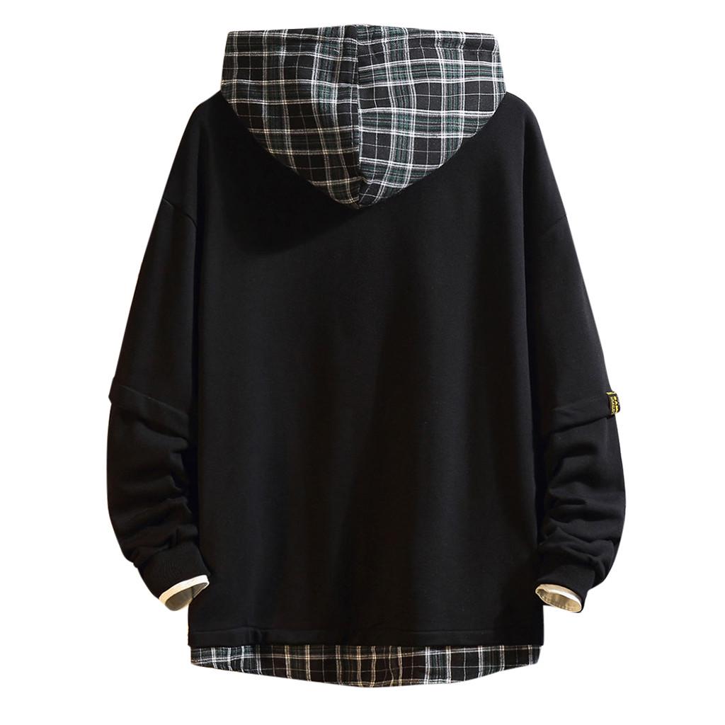 Men's Casual Fashion Plaid Patchwork Hoodie Long Sleeves Sweatershirt Tops