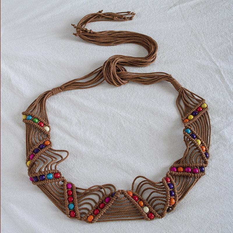 Boho Style Wax Rope Weaving Knotted Ethnic Style Handmade Wooden Beads Women's Belt Leisure Vacation Style Exquisite Waist Rope