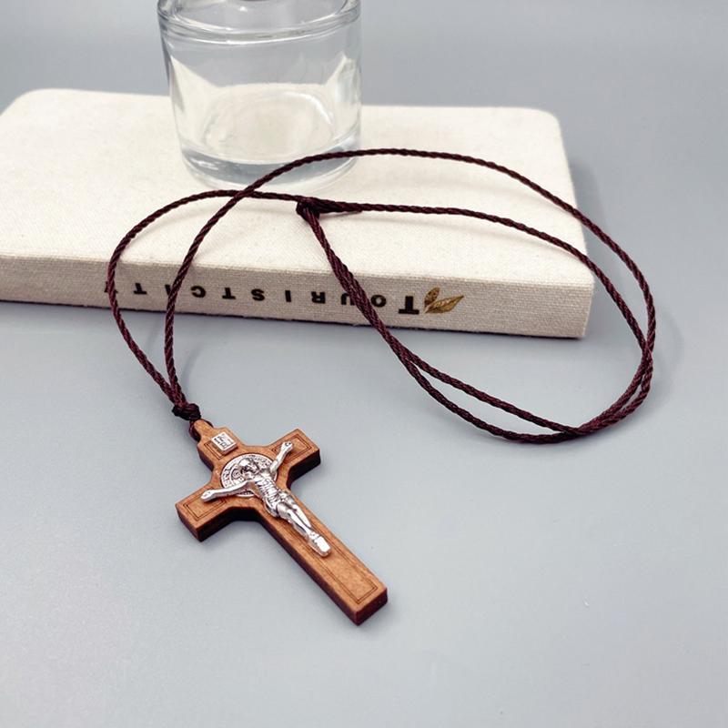 Enkel Religiös Tro Bön Dop Kristen Jesus Trä Metall Kors Vax Rep Halsband Män Kvinnor Accessoarer Smycken Gåva