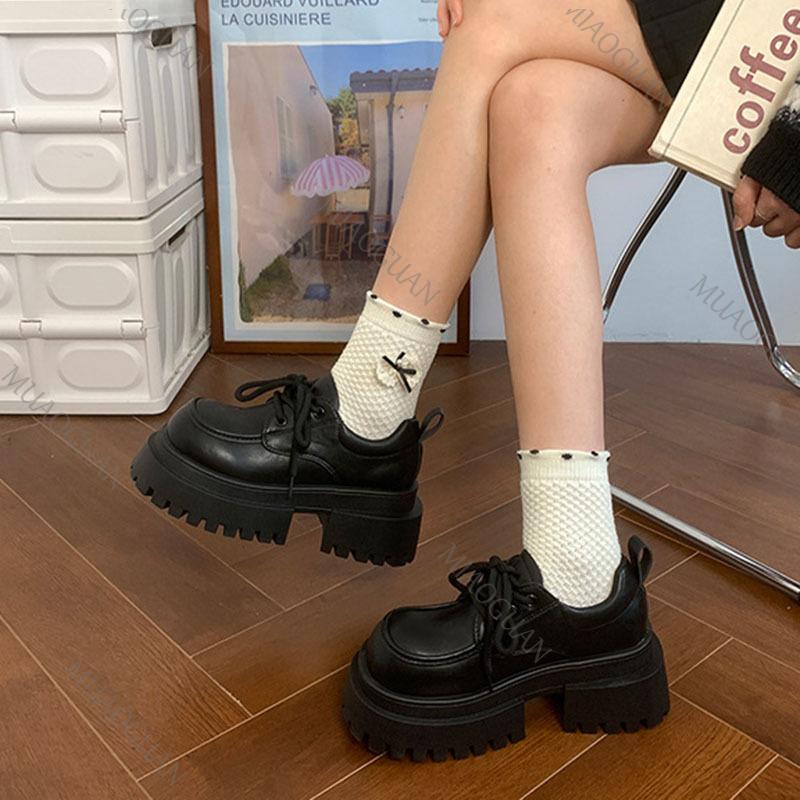 Fashion Thick Bottom British Style Leather Women's Pumps Lace Up Thick Soled Loafers Retro High Heels Mary Janes Fashion Heeled Shoes
