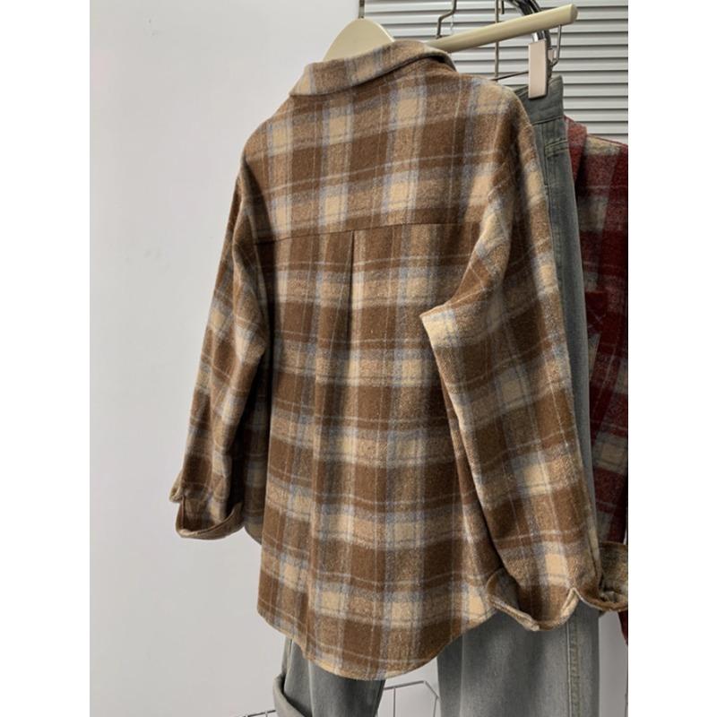 Herbst und Winter Damen Einfach Lässig Kariert Revers Langarm Locker Vielseitig Hemd Top