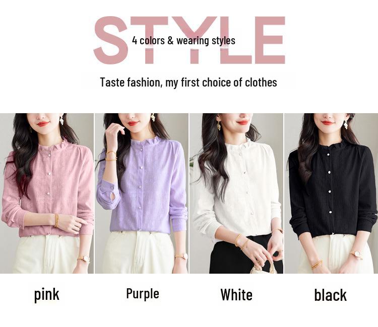 Spring 2025 Ruffled Stand Collar Jacquard Women's Long Sleeve Top