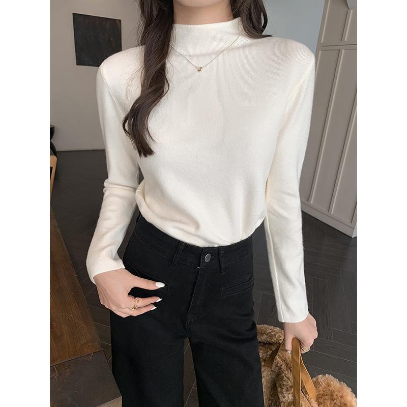 One-piece velvet inner half turtleneck long-sleeved sweater autumn and winter plus velvet small fragrant style layered bottoming sweater thick top