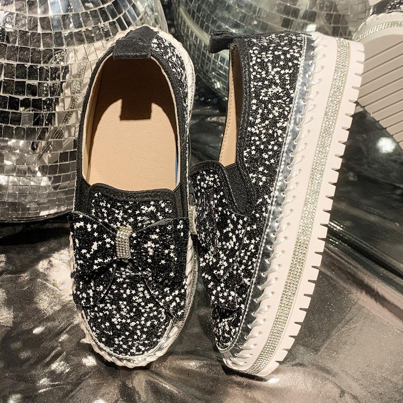 Large size rhinestone bow shallow mouth women's spring and autumn new one-pedal platform lazy shoes