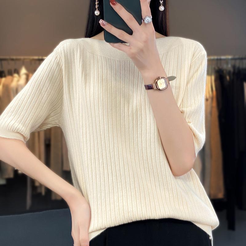 Five Quarter Sleeve Knitted Sweater for Women Solid Color Loose Sweater Casual Base Shirt French Style Mid Sleeve Sweater for Autumn
