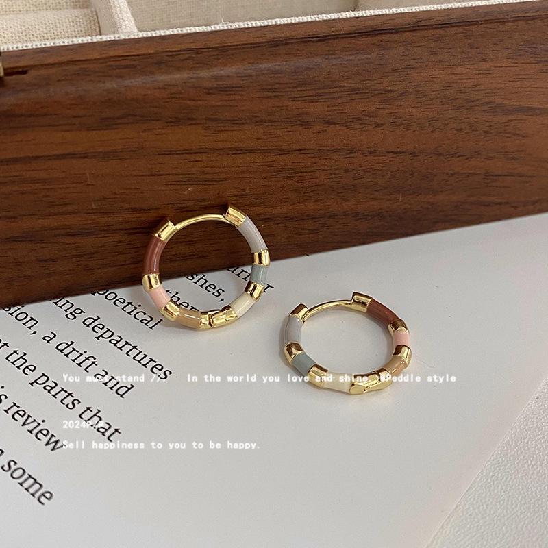 

Французские ретро цветные эмалевые серьги-блоки для женщин: Нишевый дизайн высокого класса с простыми, элегантными серьгами-кольцами.