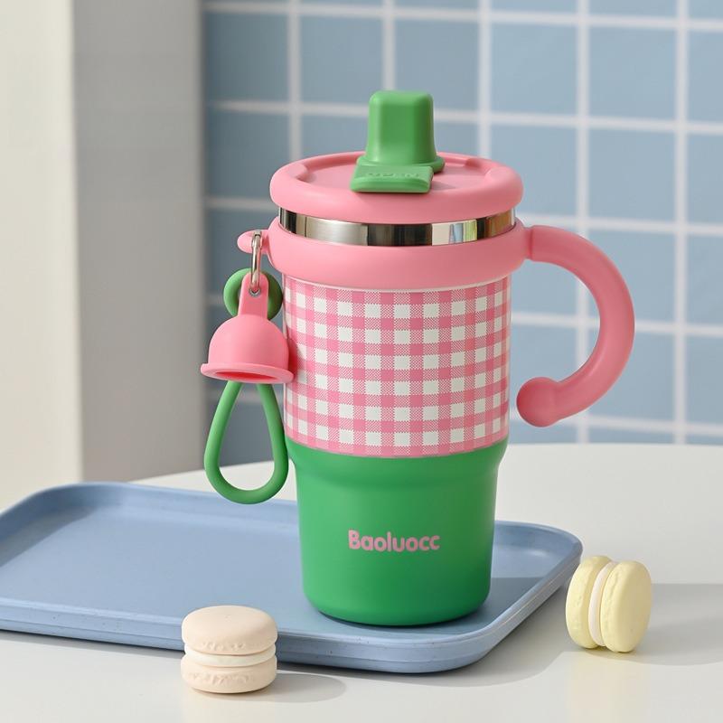 

New Style Little Ice Ba Cup Fashion Plaid Stainless Steel Insulated Cup for Women High-Value Straw Cup Large Capacity Dual-Drink 501-600ml