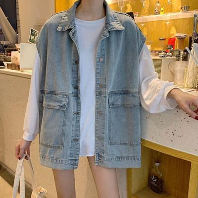 Sleeveless Broad Shoulder Denim Vest Women Single Breasted Flap Pockets Casual Cardigan Vest