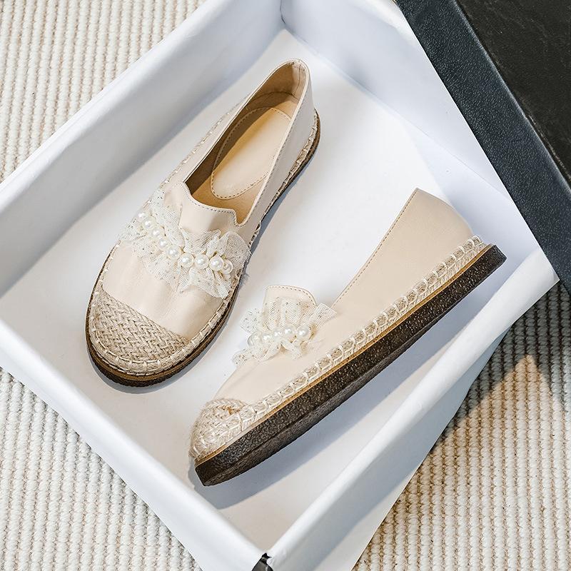 Lace&Pearl Espadrilles Shoes Woman 2024 Genuine Leather Flats Comfy Loafers Ladies Fisherman Shoes Hemp Mocasines Femme Big Size