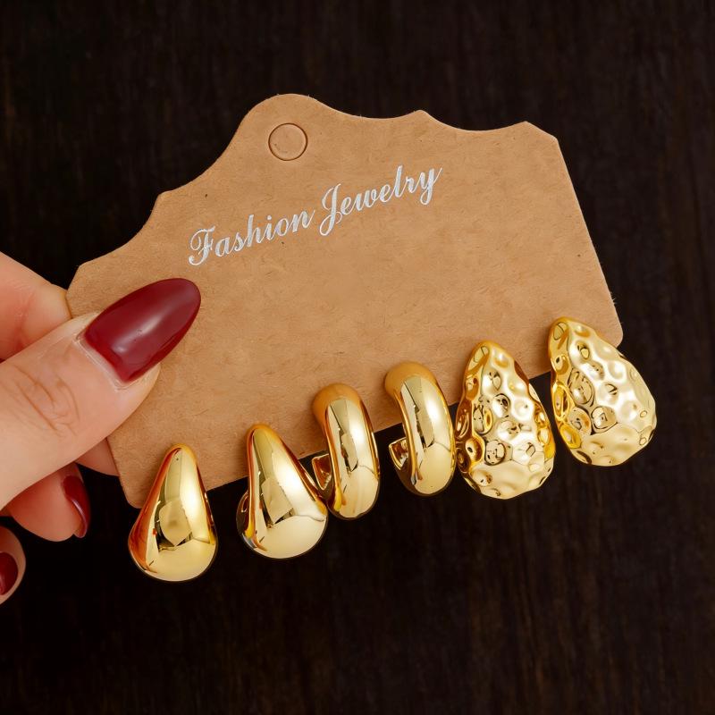 Gold Geometric Water Drop Earrings & C-Shaped Ear Cuffs Set