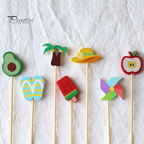 Natural Bamboo Skewers 100PCS Disposable Cocktails Picks, Stick, with Beach Fruits Eco-friendly Food Tags Palm Trees Decoration, Fruit Picks