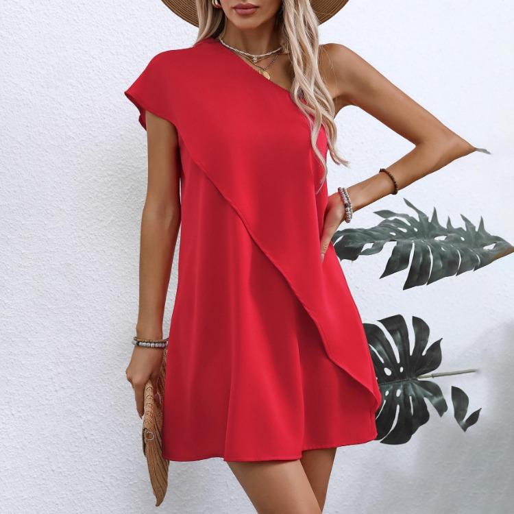 Summer Women Loose High Waist Sleeveless Midi Dress Slanted Shoulder Single Sleeve Solid Color Fake Two Piece Casual Fashion Dress S-XL Spring