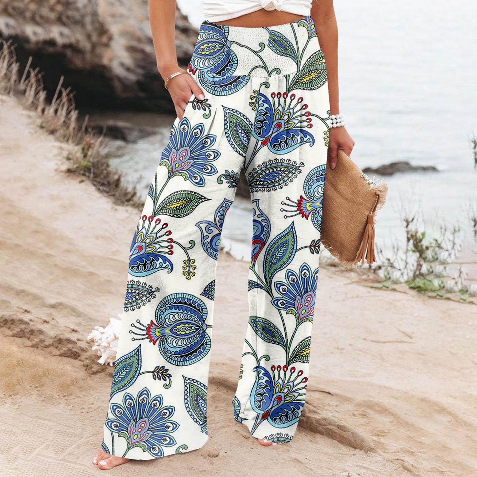 

Брюки с высокой талией для женщин, эластичные широкие брюки-палаццо с принтом, повседневные удобные пляжные брюки, брюки L