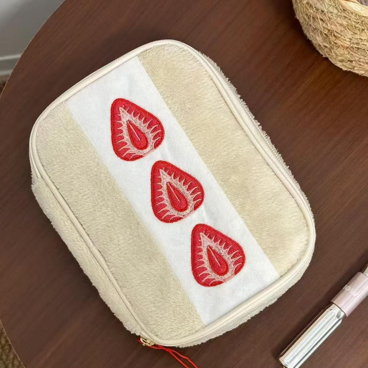Embroidered Strawberry Plaid Pencil Case - Large Capacity