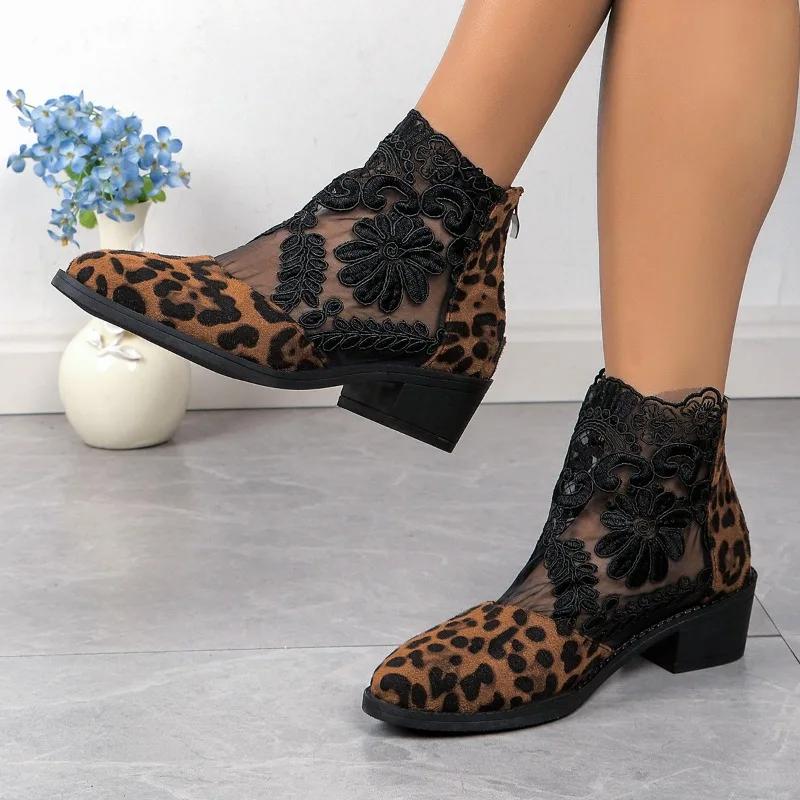 Ladies Shoes 2024 Fashion Sandals Women's Boots Leopard Ankle Boots Women Lace Floral Round Toe Square Heel Back Zip Shoes Women