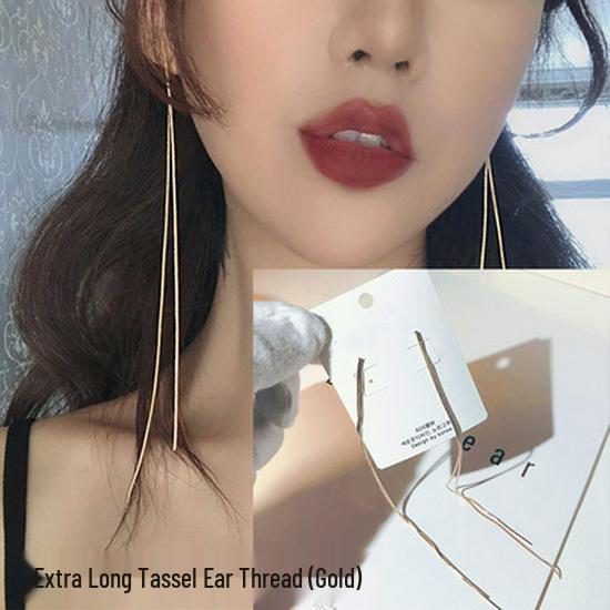 925 Silver Extra Long Tassel Ear Thread Earrings - Celebrity Inspired Cold Style Chain Studs