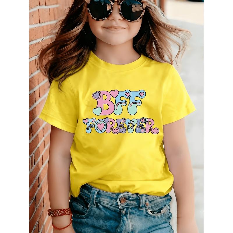 Europäische Größen Niedliches Kurzarm-T-Shirt für Mädchen, BFF Forever Vintage Pastell Herz, Weich und Süß, für Frühling/Sommer, Freundschaftsthema