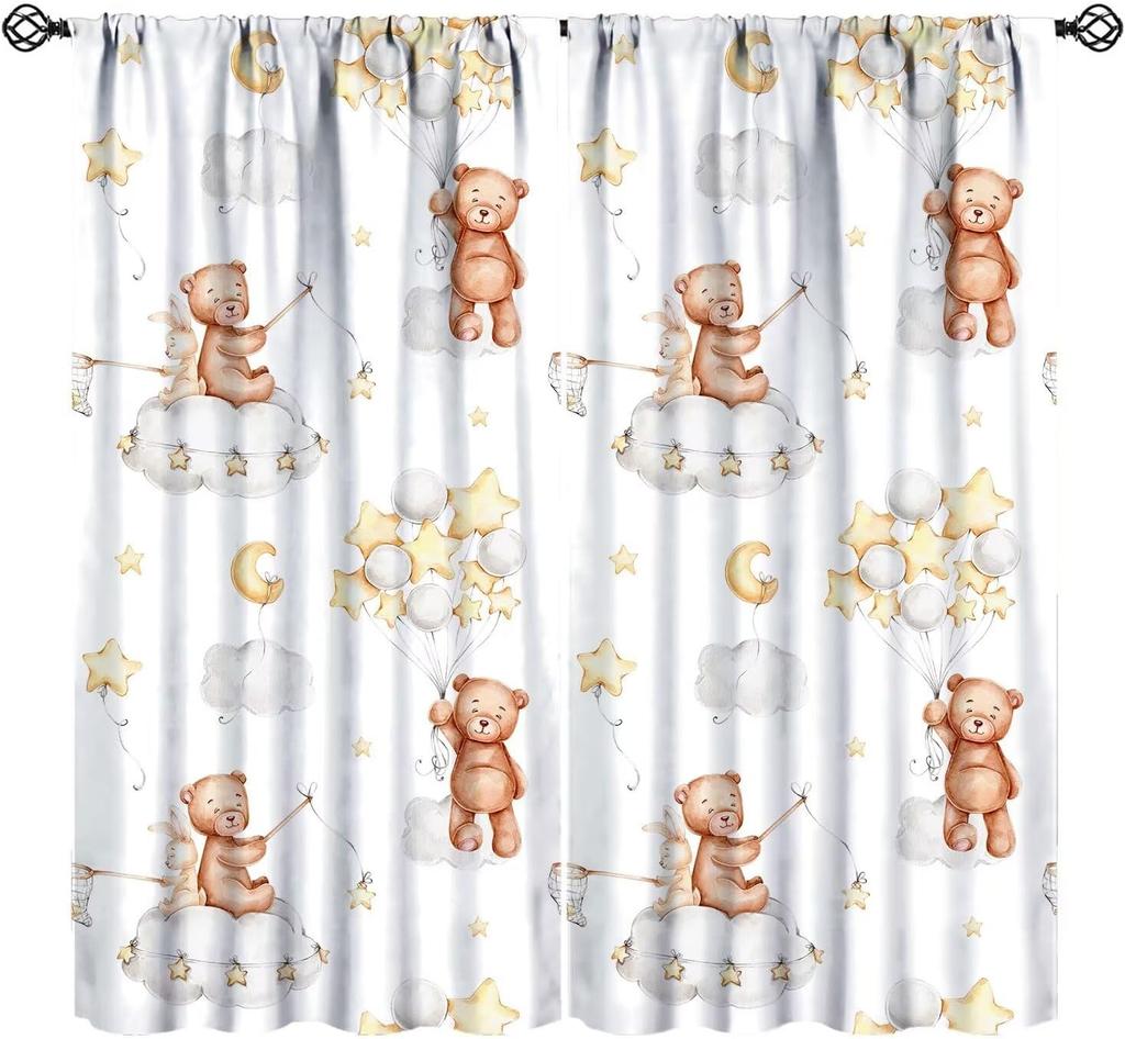 Cartoon Blue Bear Curta For Boys,Watercolor Little Cute Animal Aircrafts Hot Air Balloons Rainbow Window Drapes For Baby Boys