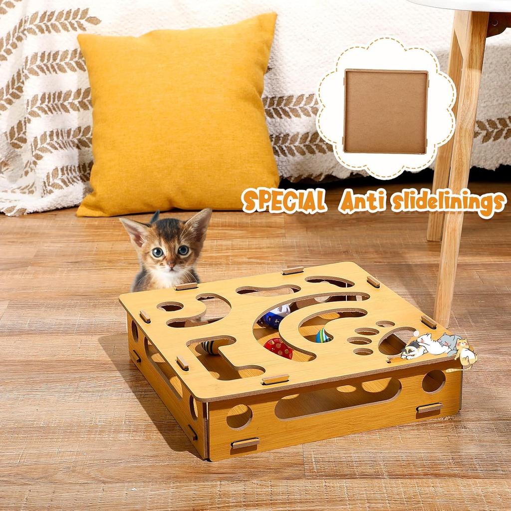 Cat Toy with Wooden Scratching Pad Interactive Cat Ball Track Puzzles Toy for Indoor