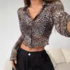 Y2K Leopard Printed Mesh Single-breasted Wooden-ear Rimmed Long-sleeved Short Section Blouses Tops for Women Versatile Closet Essential Fashion Shirt
