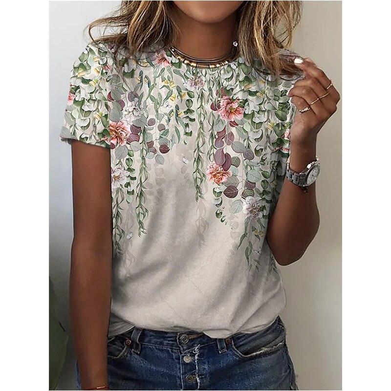 Summer Floral Flower Graphic T-Shirts 3D Print Women's Round-Neck Short Sleeve T Shirt Harajuku Tees Y2k Tops Female Clothing