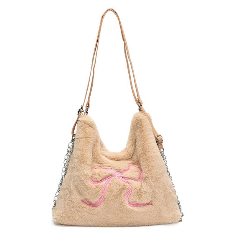 Casual fluffy bag large capacity tote bag bow women's shoulder underarm bag autumn and winter new backpack plush bag