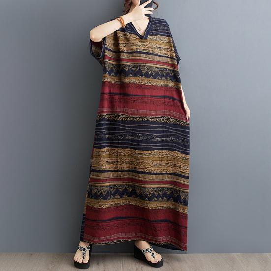 Plus Size Cotton Linen Maxi Dress for Women Loose V-Neck Short Sleeve Long