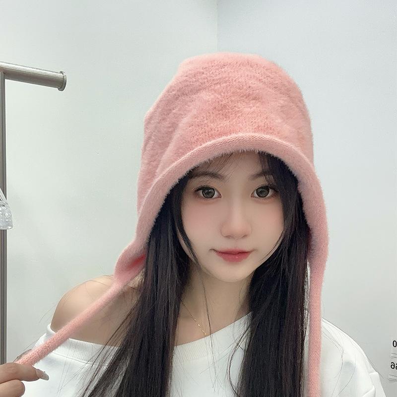 Small Knitted Hat for Women with Autumn and Winter Warm Plush Hat for Students Sweet and Cute Ear Protecting Hat Straps for Head Hat Trendy