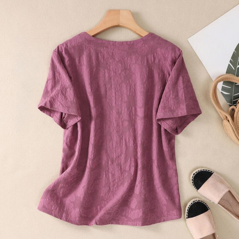 Letní umělecké volné bavlněné konopné žakárové tričko s kulatým výstřihem a vyšívaným krátkým rukávem dámský top