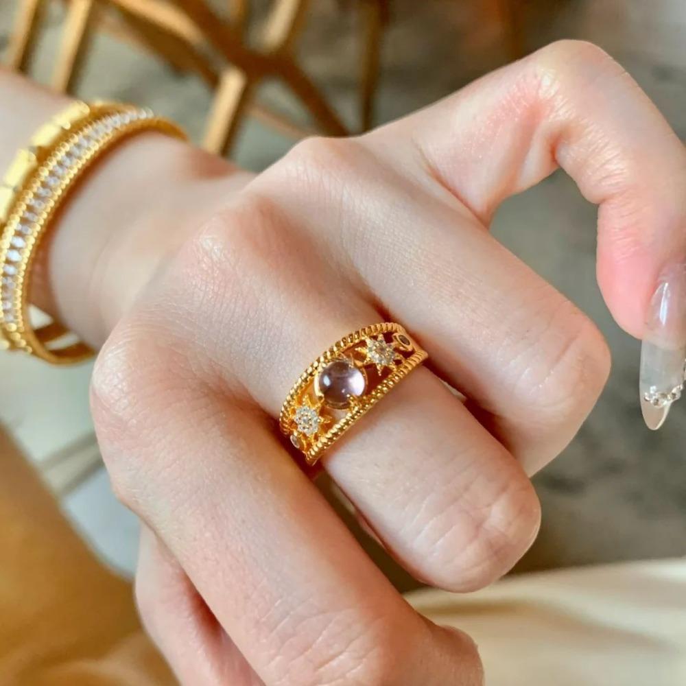 Luxury Open Ring Natural Amethyst Crystal French Vintage Design Elegant Adjustable Women Fashion Jewelry Gift Adjustable