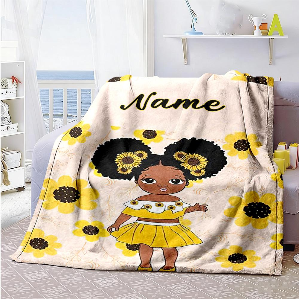 Girl Sunflower Personalized Name Blanket Multi-purpose Customizable Blanket Soft Warm Cozy for Living Room Bed Livingroom Seaside All-Season Use
