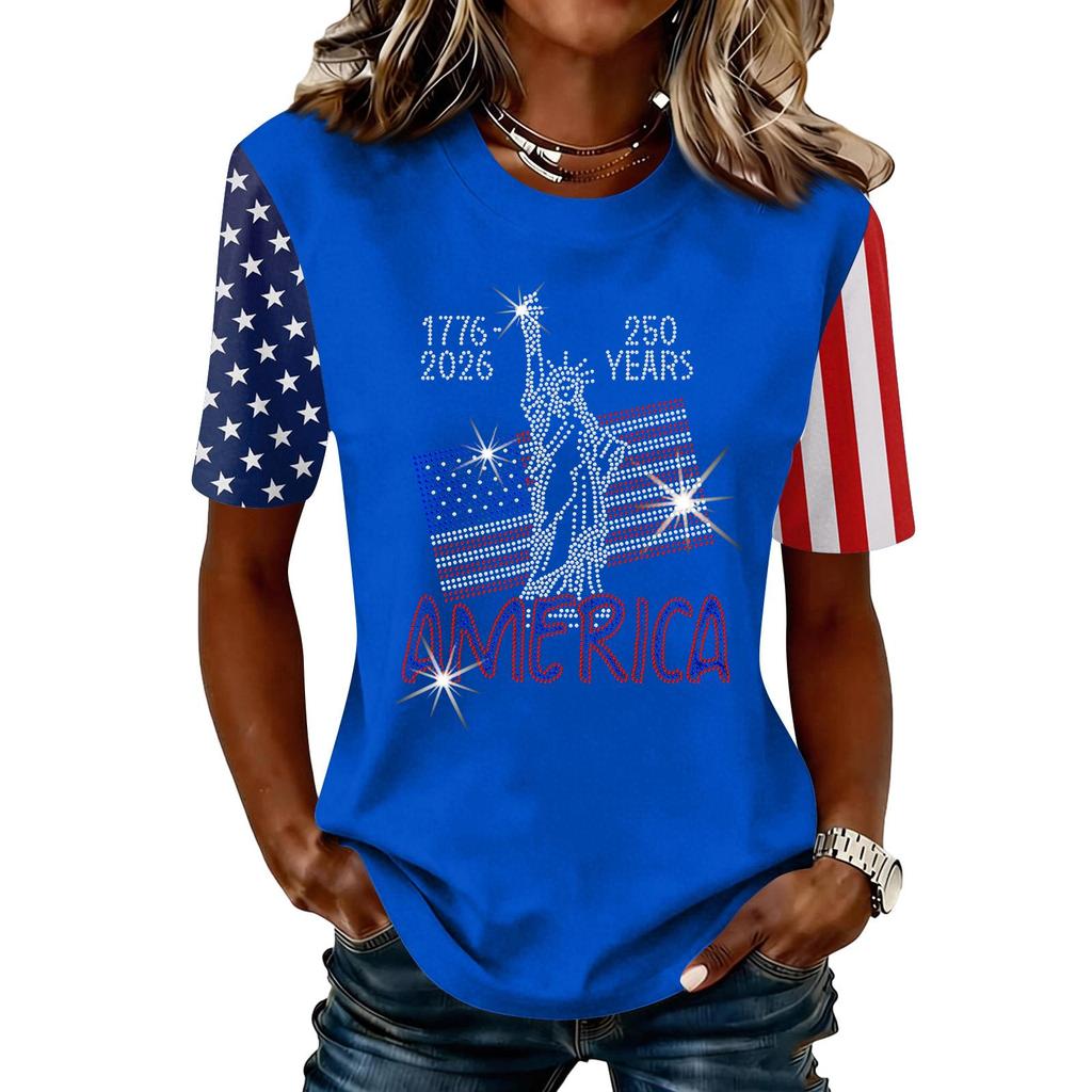 Blusa Feminina da Moda Casual de Manga Curta com Estampa e Gola Redonda