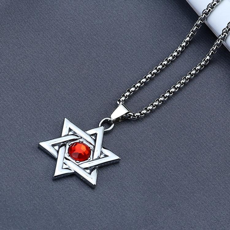 Retro Sechsspitziger Stern Blau und Rot Herren Titanstahl Anhänger Halskette
