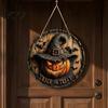 Vintage Witch And Bat Plaque Halloween Wooden Sign, Round Hanging Pendant with Lanyard, Retro Distressed Rustic Wall Decor Wood Skeleton/Pumpkin/Clown