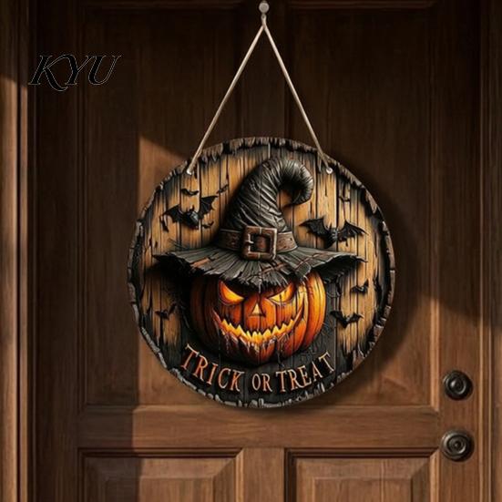Vintage Witch And Bat Plaque Halloween Wooden Sign, Round Hanging Pendant with Lanyard, Retro Distressed Rustic Wall Decor Wood Skeleton/Pumpkin/Clown